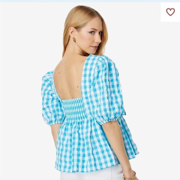 LILLY PULITZER | NEW Sarafina Turquoise Oasis Crinkle Gingham Top Women’s Size 4 - Picture 2 of 15